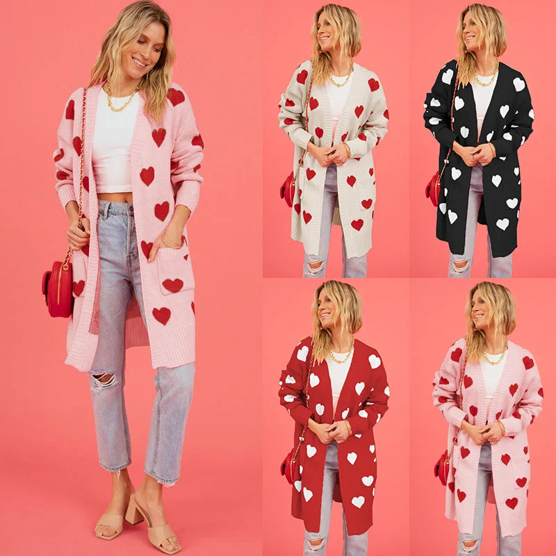 Wholesale Valentine's Day Heart Acrylic Cardigan Boxy Cardigan Fitted Cardigan A-Line