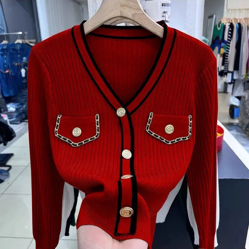 Temperament V Neck Knitting Slim Short Sweaters Spring Autumn New Long Sleeve Button Pullovers Fashion Elegant Women Clothing Slim Fit Regular Fit Oversized