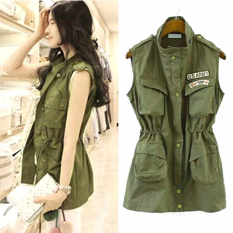 Women Jacket Drawstring Vest Military Parka Button Trench Coat Outwear Fashion Lightweight Cotton Parka Jacket Women Jacket Drawstring Vest Military Parka Button Trench Coat Outwear Fashion Lightweight Cotton Parka Jacket