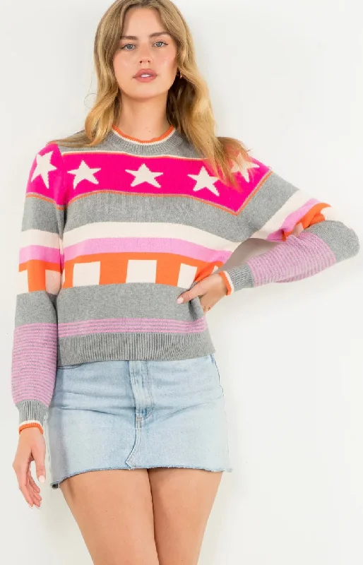 Star Sweater Top Welt Pockets Slit Pockets Flap Pockets