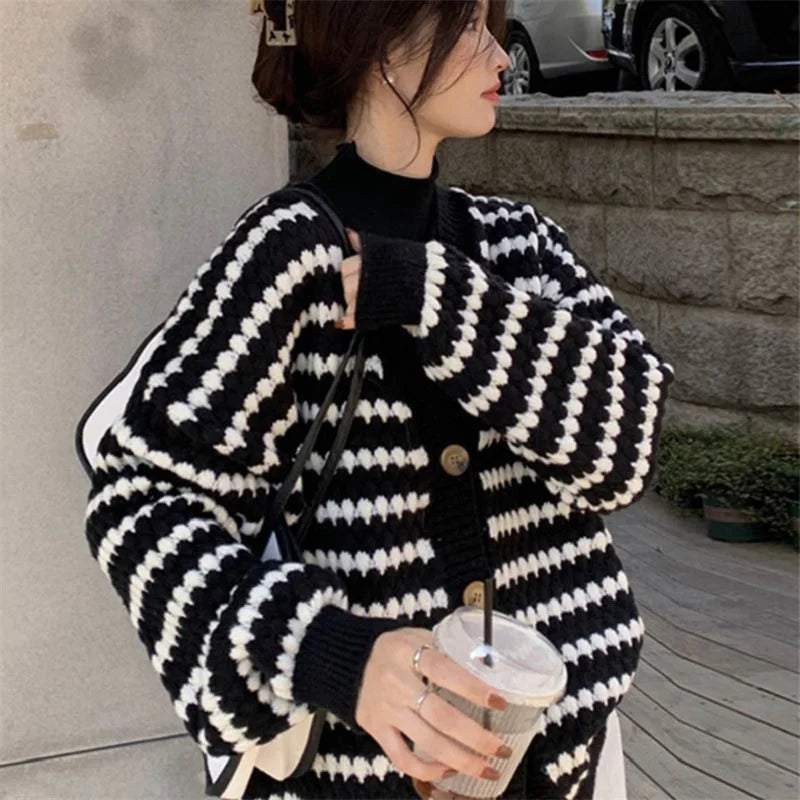 Advbridge Harajuku Xiaoxiang Knitted Cardigan Autumn 2024 Style Temperament With Chic Lazy Striped V-Neck Thick Sweater Coat Women Trend Handmade Hand-knitted Hand-woven Advbridge Harajuku Xiaoxiang Knitted Cardigan Autumn 2024 Style Temperament With Chic Lazy Striped V-Neck Thick Sweater Coat Women Trend Handmade Hand-knitted Hand-woven