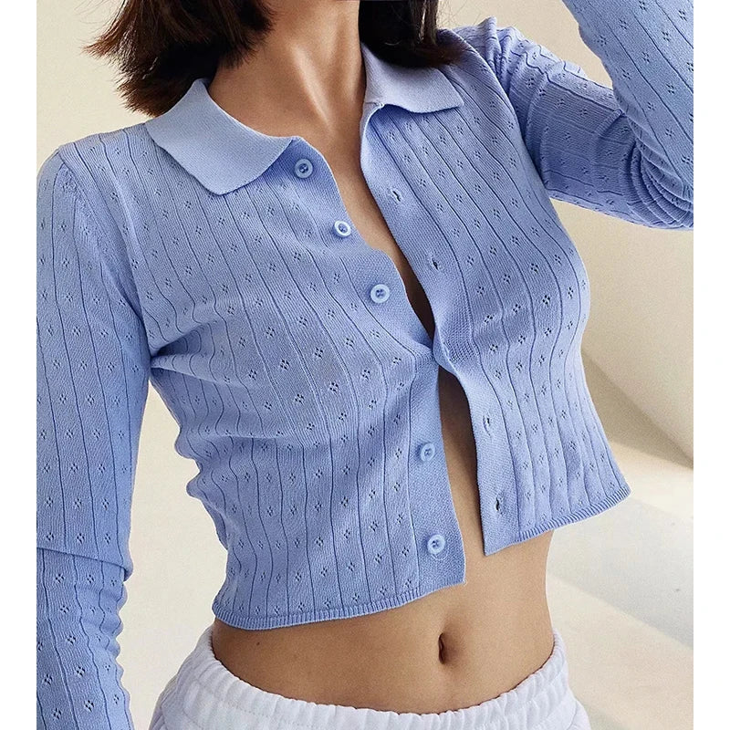 Advbridge Women Button Through Crop Pointelle Knit Cardigan Turn Down Collar Open Stitch Knit Cardigans Asymmetrical,ymmetric Pencil Cardigan