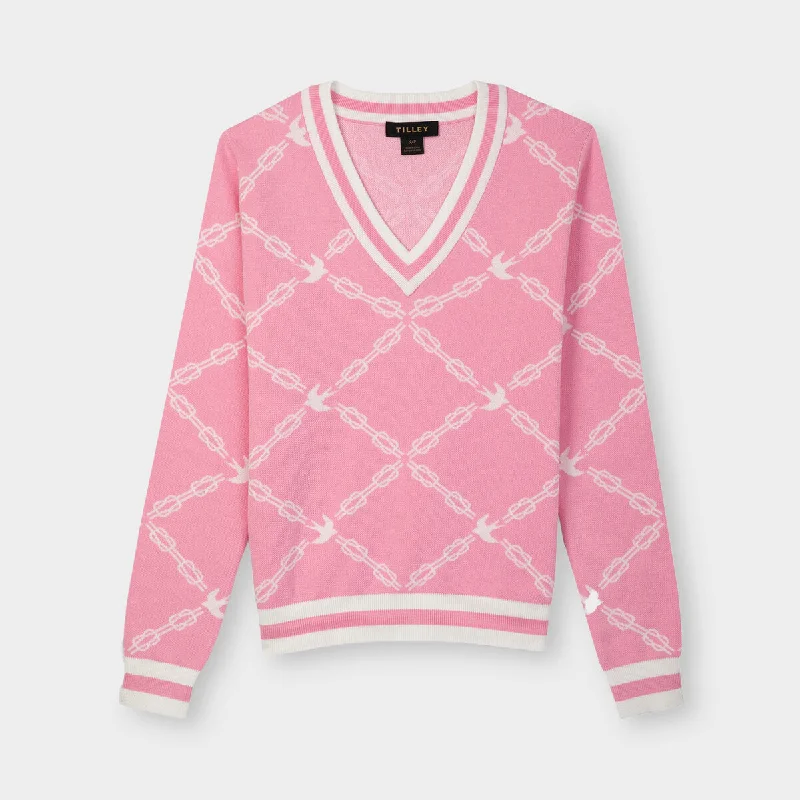 Jacquard V-Neck Sweater Solid Print Embellished