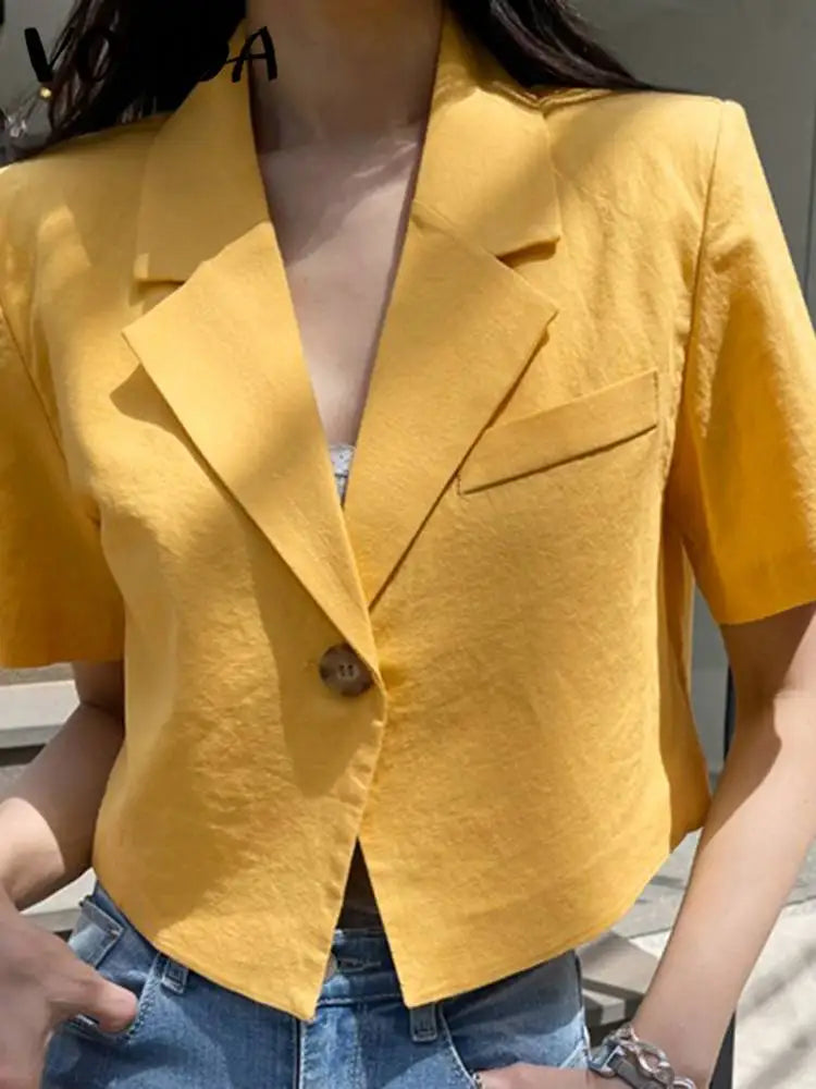 VONDA Elegant Summer Blazer Women Short Sleeve Suit Collar Coat 2024 Fashion Outwear Solid Color Casual Slim Button Tunic Tops Women's Custom Jacket VONDA Elegant Summer Blazer Women Short Sleeve Suit Collar Coat 2024 Fashion Outwear Solid Color Casual Slim Button Tunic Tops Women's Custom Jacket