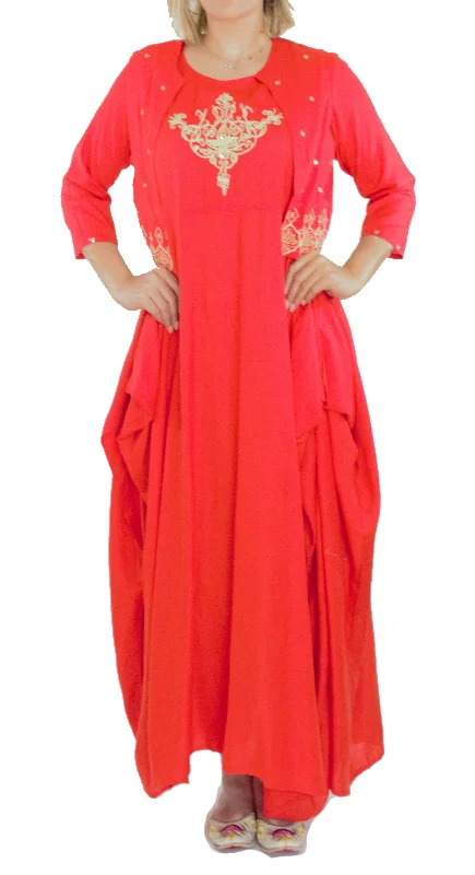 Coral Color Kurti with Jacket Elasticated Jacket Padded Jacket Insulated Jacket
