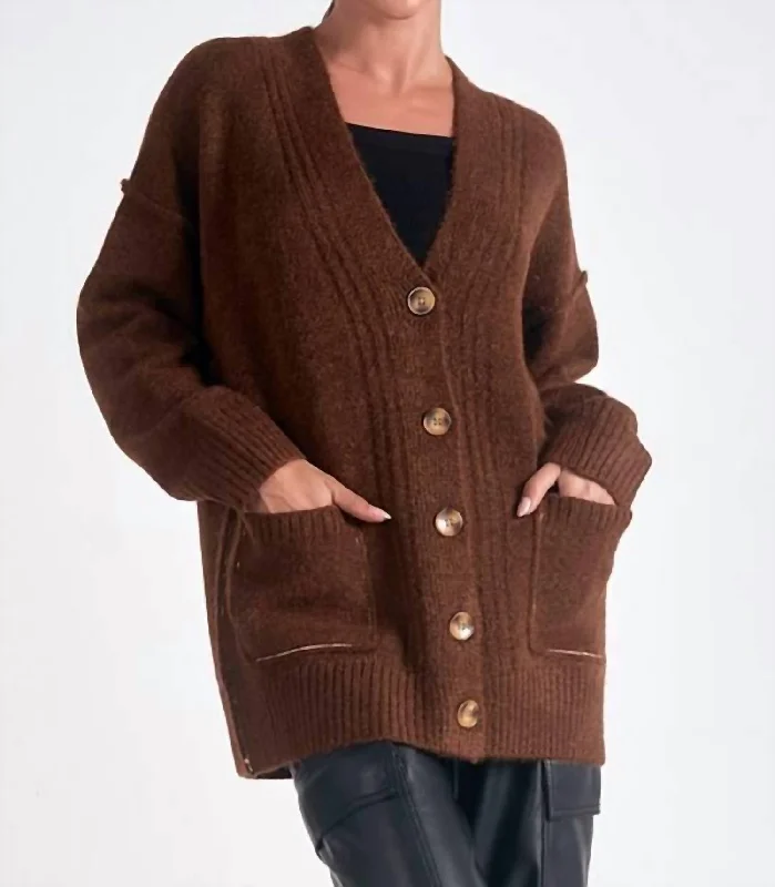 Oversized V-Neck Cardigan In Dark Tan Chenille Blend Fleece Blend Nylon Blend
