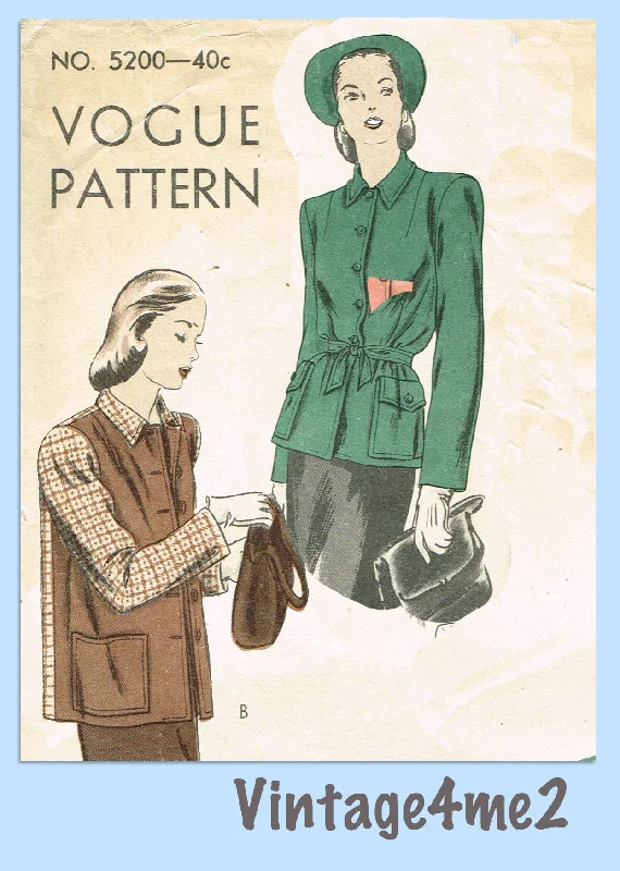 Vogue 5200: 1940s Misses Boxy Coat or Jacket Sz 32B Vintage Sewing Pattern Stand-Up Collar Roll-Neck Collar Turtle Neck