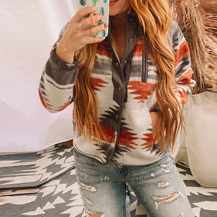 Wholesale Winter Aztec Printed Western Style Polyester Cardigan Jacket Fashion Contrast Fleece Button Cardigan Zip Cardigan Pullover Cardigan