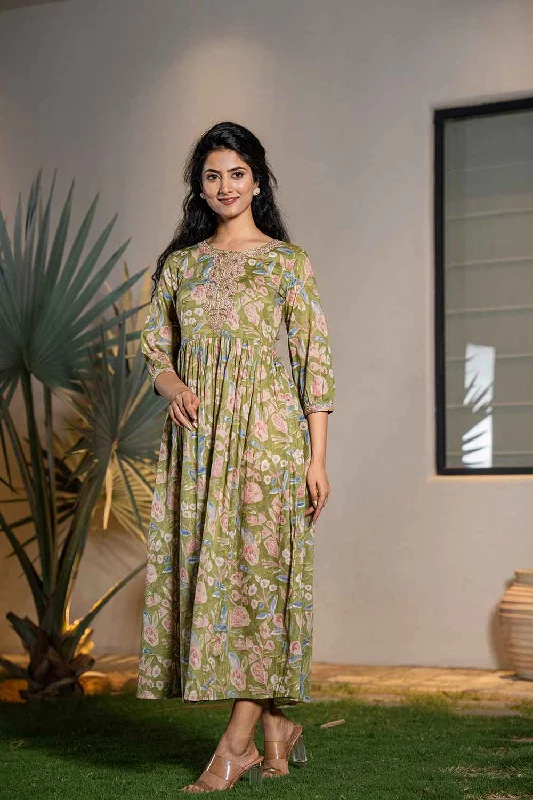 Green Floral Print Sequins Work Pure Cotton Dress