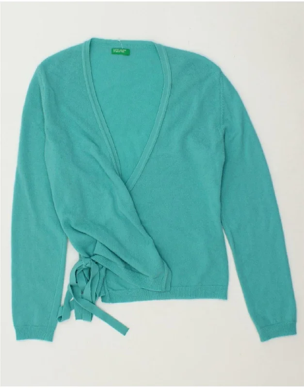 BENETTON Womens Wrap Cardigan Sweater UK 10 Small Blue Wool Toggled Drawstring Belted BENETTON Womens Wrap Cardigan Sweater UK 10 Small Blue Wool Toggled Drawstring Belted