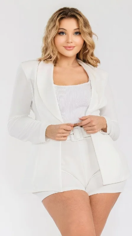 Chic Plus Size 2 Piece Solid Blazer & Belted Short Set Women's Travel Jacket