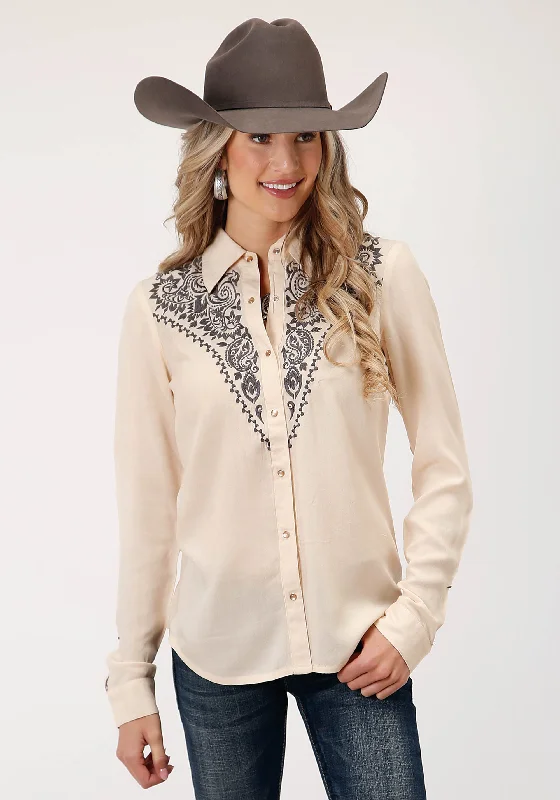 WOMENS LONG SLEEVE SNAP  DK CREAM SOLID RAYON SHIRT WESTERN SHIRT Basic T-Shirt Crew Neck Short Sleeve