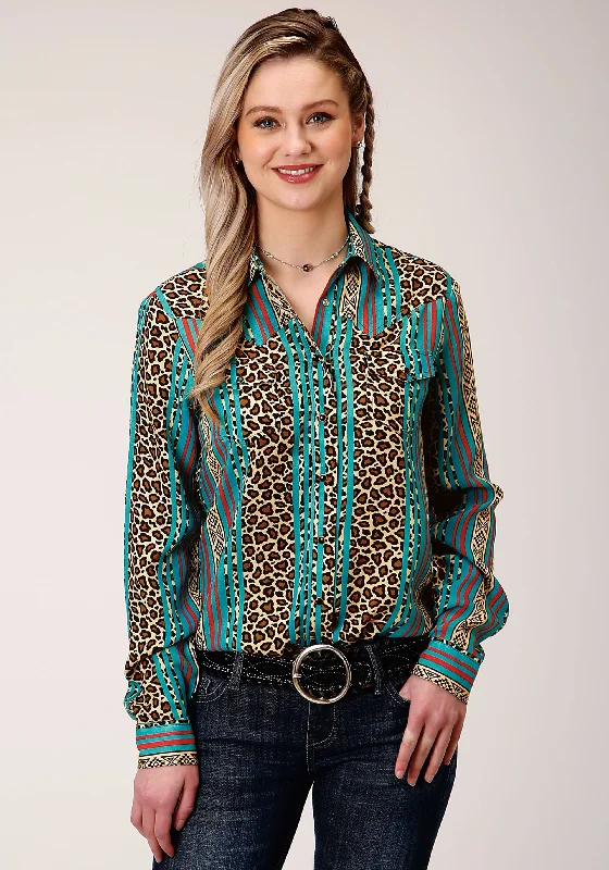 WOMENS LONG SLEEVE SNAP  LEOPARD STRIPE PRINT RAYON WESTERN SHIRT Fleece Nylon Spandex