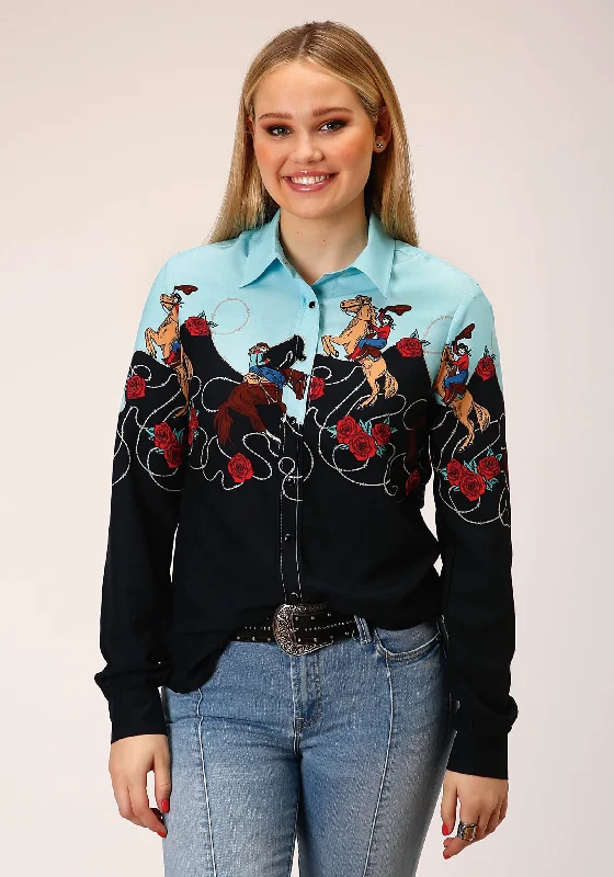WOMENS LONG SLEEVE SNAP  COWGIRL BORDER PRINTED RAYON WESTERN SHIRT Fashionable Trendy Casual