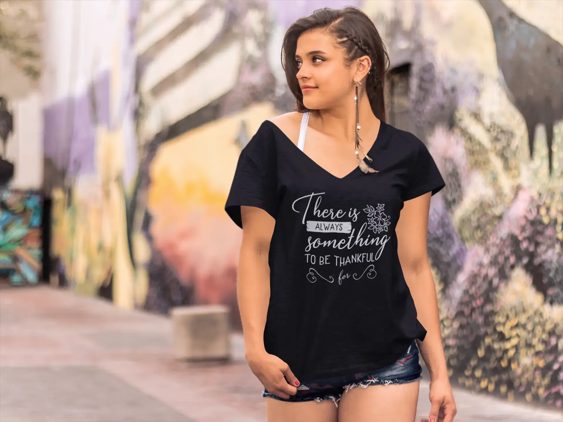 ULTRABASIC Women's T-Shirt There is Always Something to be Thankful for - Short Sleeve Tee Shirt Tops Welt Pockets Slit Pockets Flap Pockets
