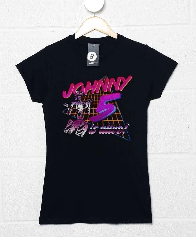 80's Style Johnny 5 Is Alive Fitted Womens T-Shirt Collared Crew Neck Turtle Neck