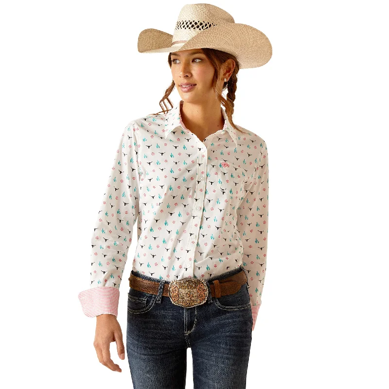 Ariat Ladies Kirby Stretch Steer Garden Button Down Shirt 10048882 Wool Fabric Cashmere Fabric Tweed Fabric