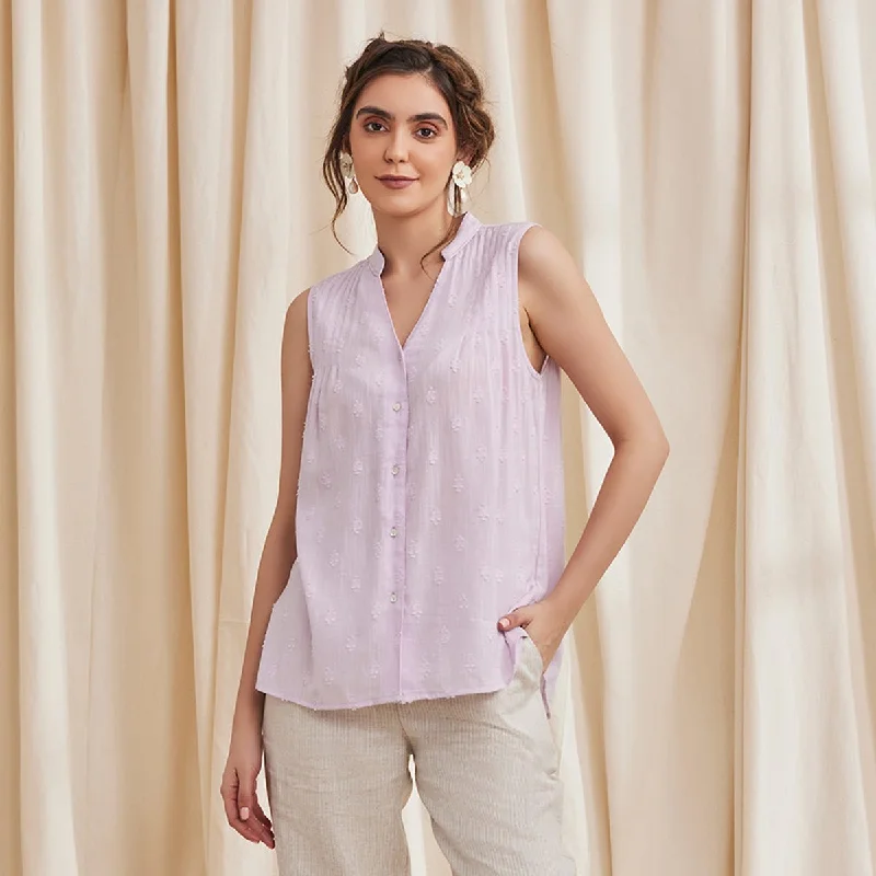 Aster - Sleeveless Organic Cotton Shirt - Lavender Hooded Caped Shawl Collar