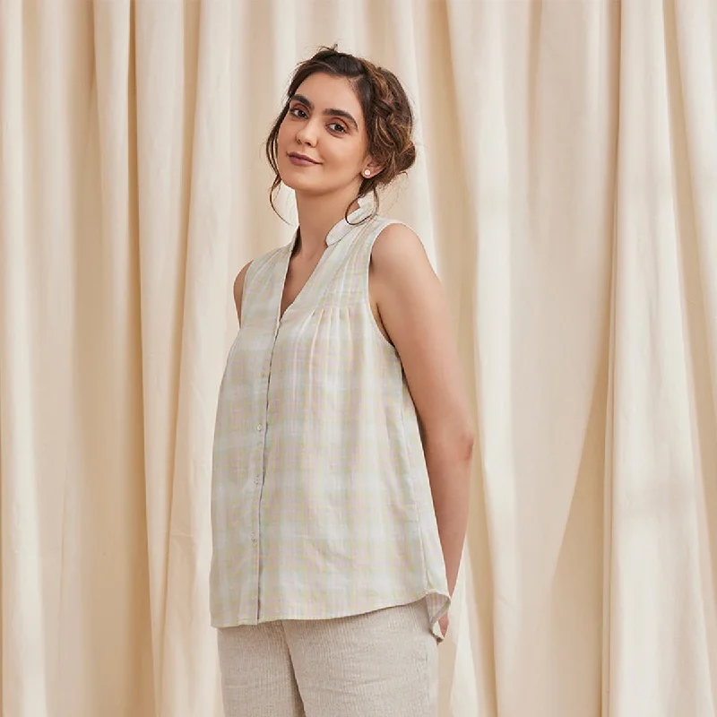 Aster - Sleeveless Organic Cotton Shirt - Pistachio Boxy Fit Fitted Loose