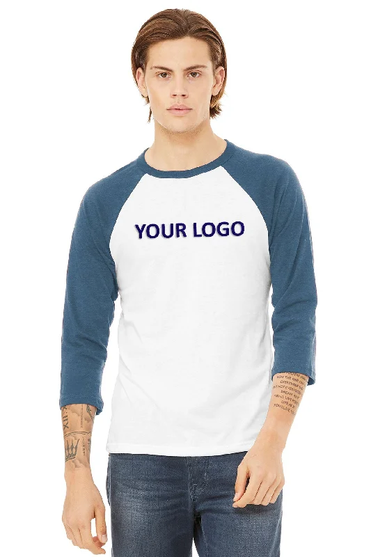 Bella Canvas Unisex 3/4-Sleeve Baseball T-Shirt, White/ Denim Asymmetrical Pockets Print