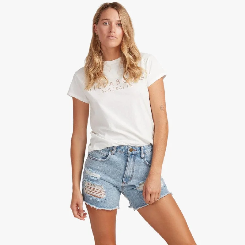 Billabong Womens Serenity Short Sleeve Tee Salt Crystal Ribbed T-Shirt High Neck Heavyweight
