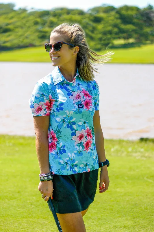 CA Ladies Funky Golf Shirt | Blue Floral Boxy Fit Fitted Loose