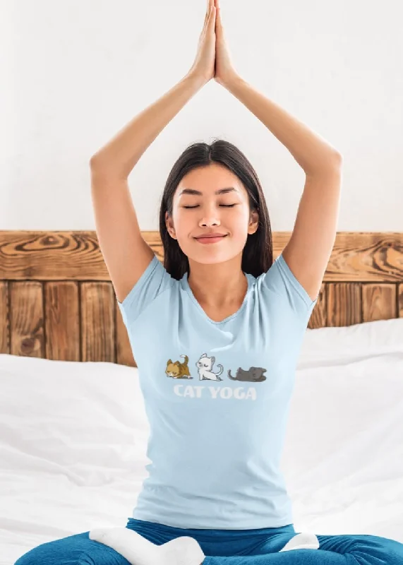 Cat Yoga Women Half Sleeve T-Shirt Solid Color Striped Floral