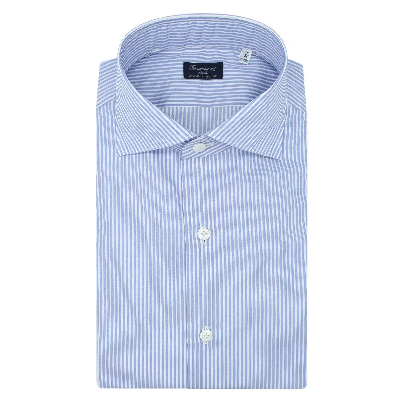 Classic Milano slim fit shirt in light blue striped cotton Collared Crew Neck Turtle Neck