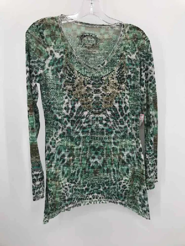 Pre-Owned Cristina V Green Size Small Long Sleeve T-shirt Graphic T-Shirt Round Neck Polyester