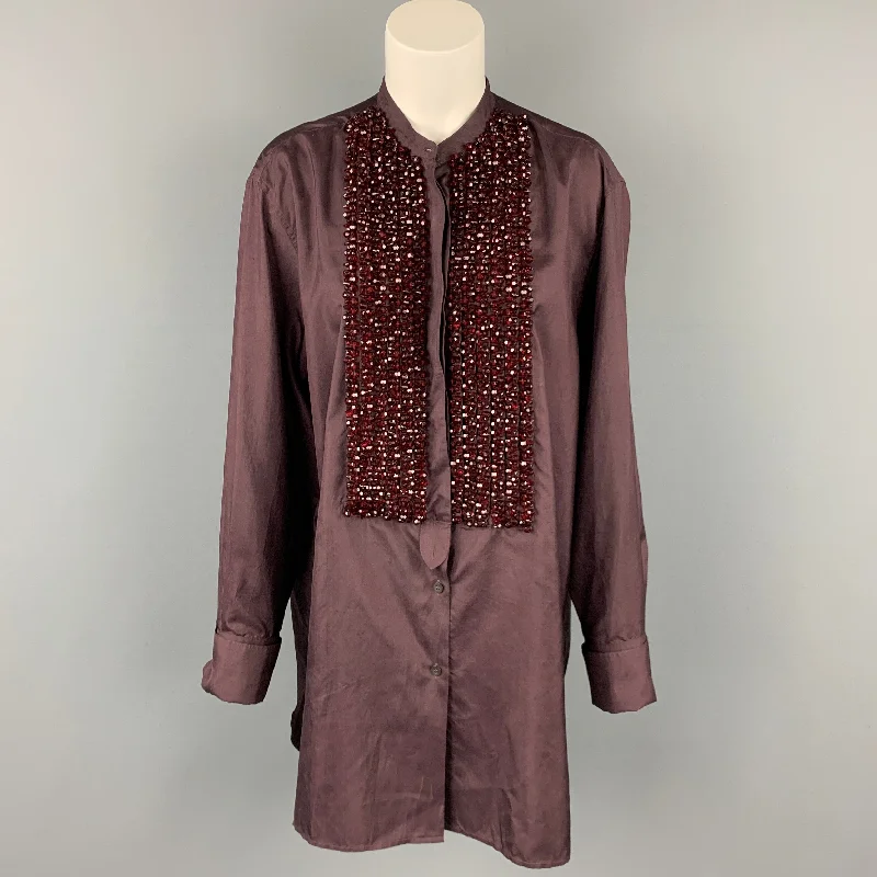 DRIES VAN NOTEN Size L Brown Beaded Silk French Cuffs  Shirt V-Neck T-Shirt Long Sleeve Cotton