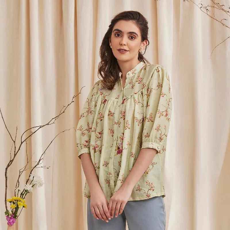 Erica - Floral Printed Bemberg Linen Shirt - Sage Mesh Blend Leather Blend Suede Blend
