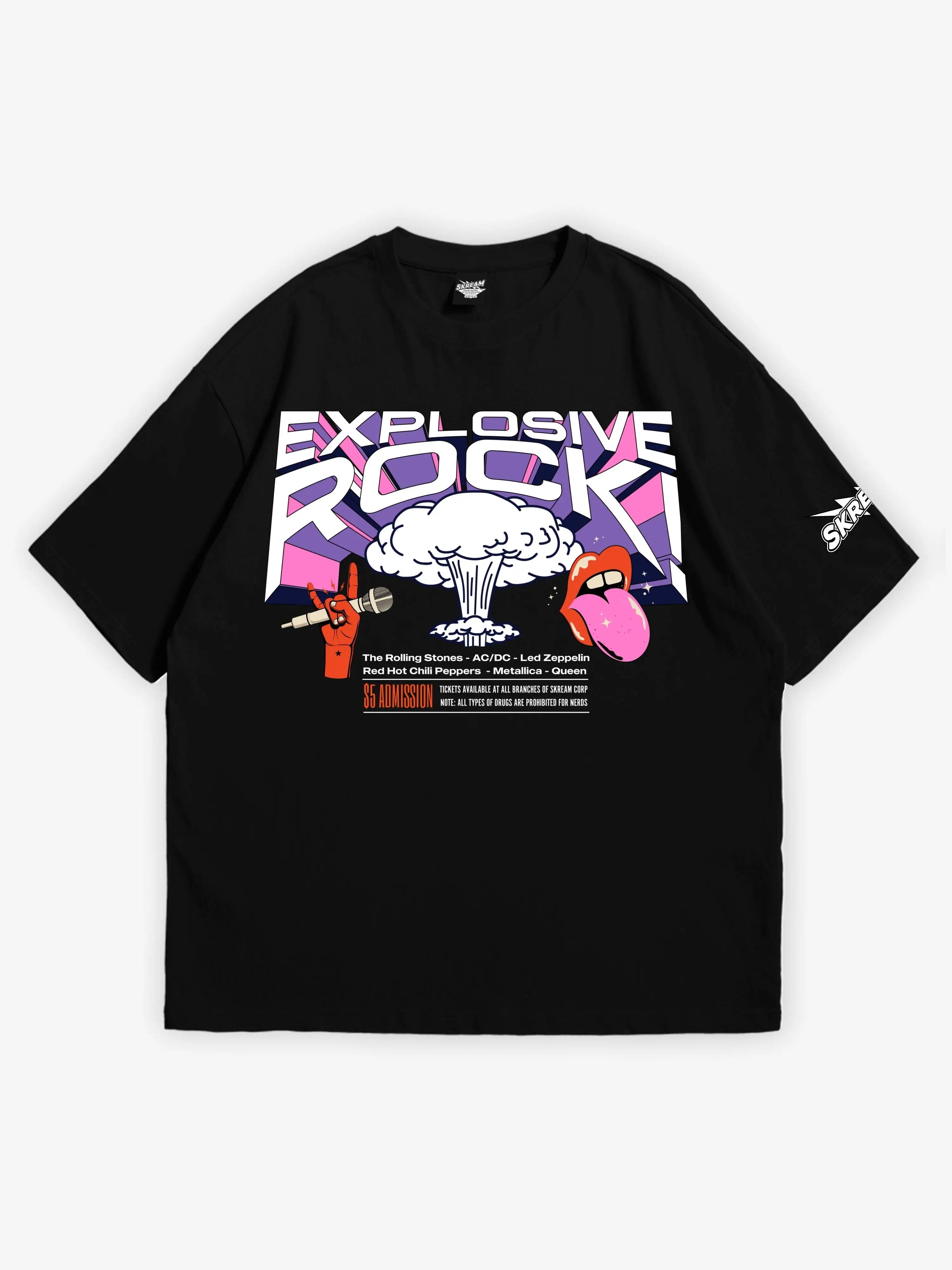 Explosive Rock Black Oversized T-shirt Houndstooth Herringbone Solid
