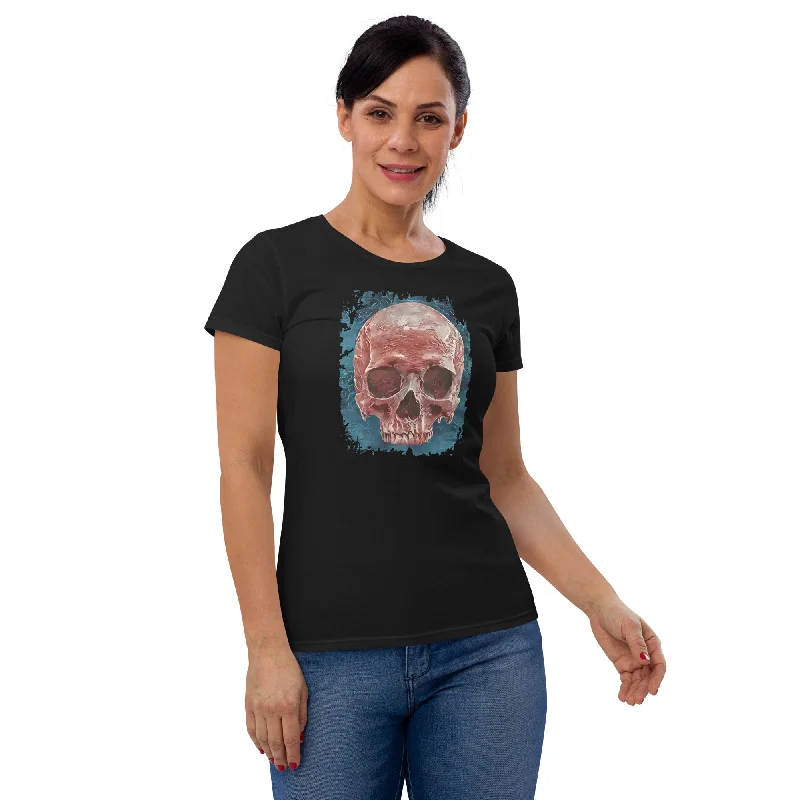 Front Mystical Blood Skull Voodoo Goth Fashion Women's Short Sleeve Babydoll T-shirt Beaded Sequined Faux Fur Front Mystical Blood Skull Voodoo Goth Fashion Women's Short Sleeve Babydoll T-shirt Beaded Sequined Faux Fur