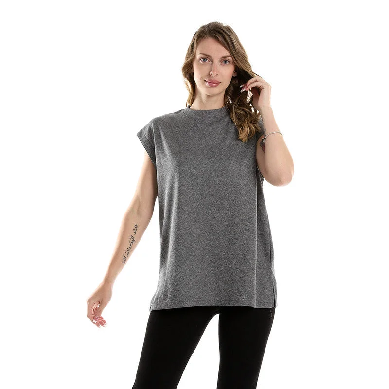 Heather Cap Sleeves Slip On Tee Wool Fabric Cashmere Fabric Tweed Fabric