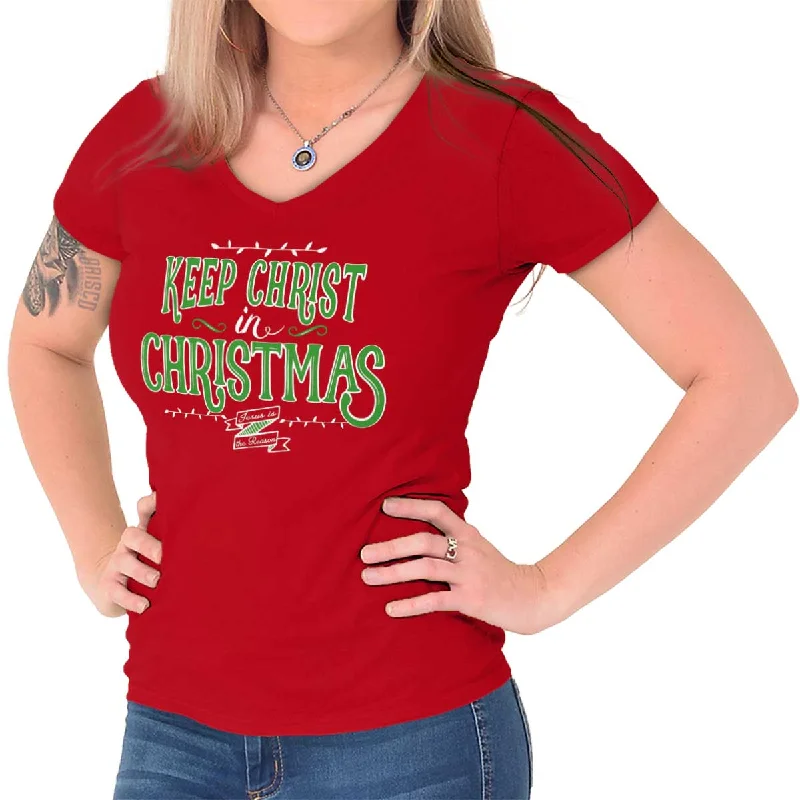 Keep Christ in Christmas Junior Fit V-Neck T-Shirt Chenille Brocade Lace