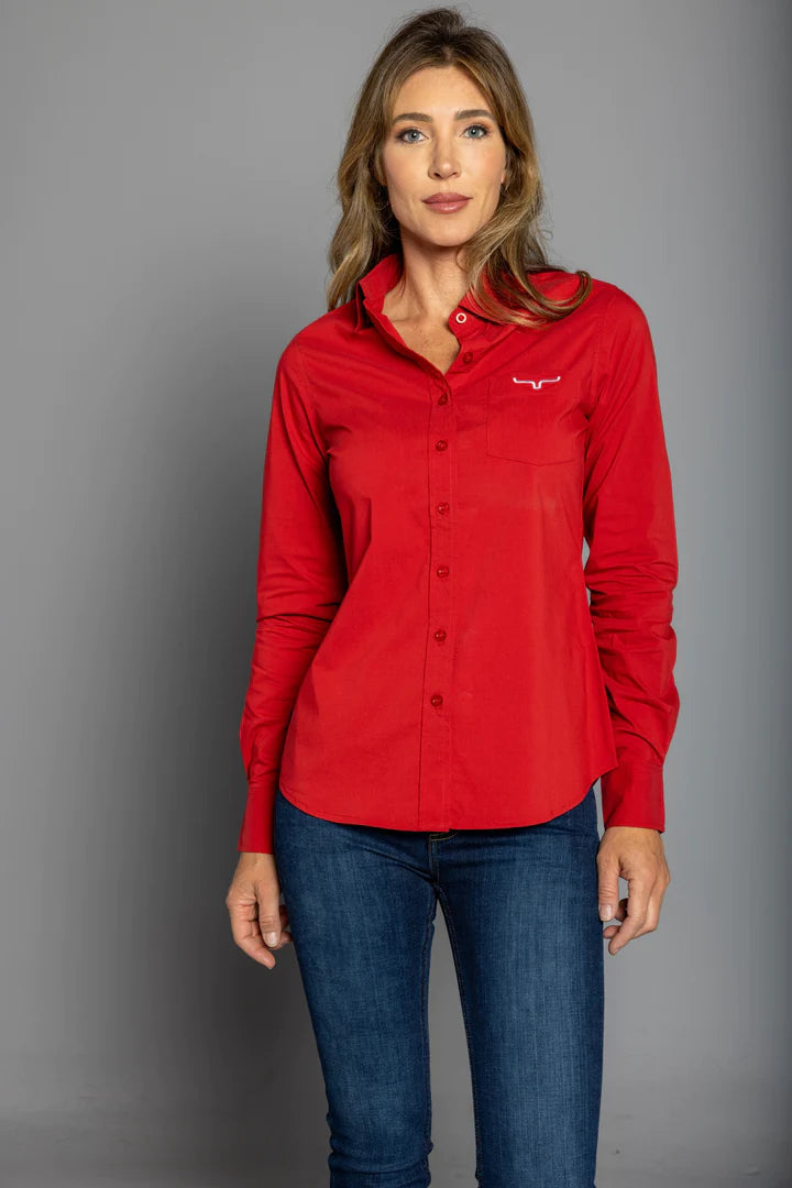 Kimes Ranch Ladies Kr Team Shirt Long - Red Mesh Fabric Canvas Fabric Denim Fabric