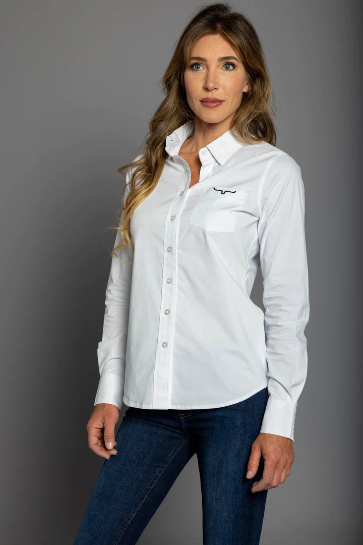 Kimes Ranch Ladies Kr Team Shirt Long - White Print Jacquard Patchwork