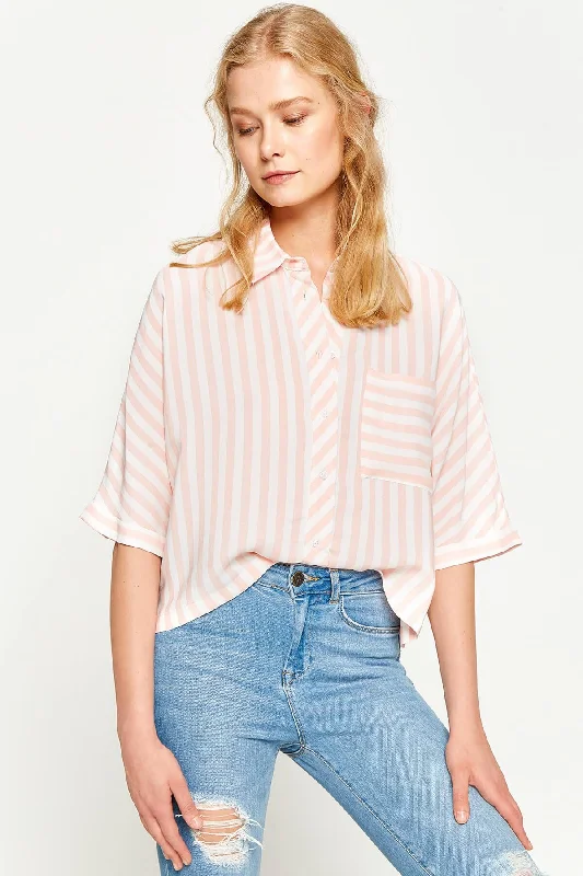 Women Pink Striped Shirt Seamless Knitted Crochet