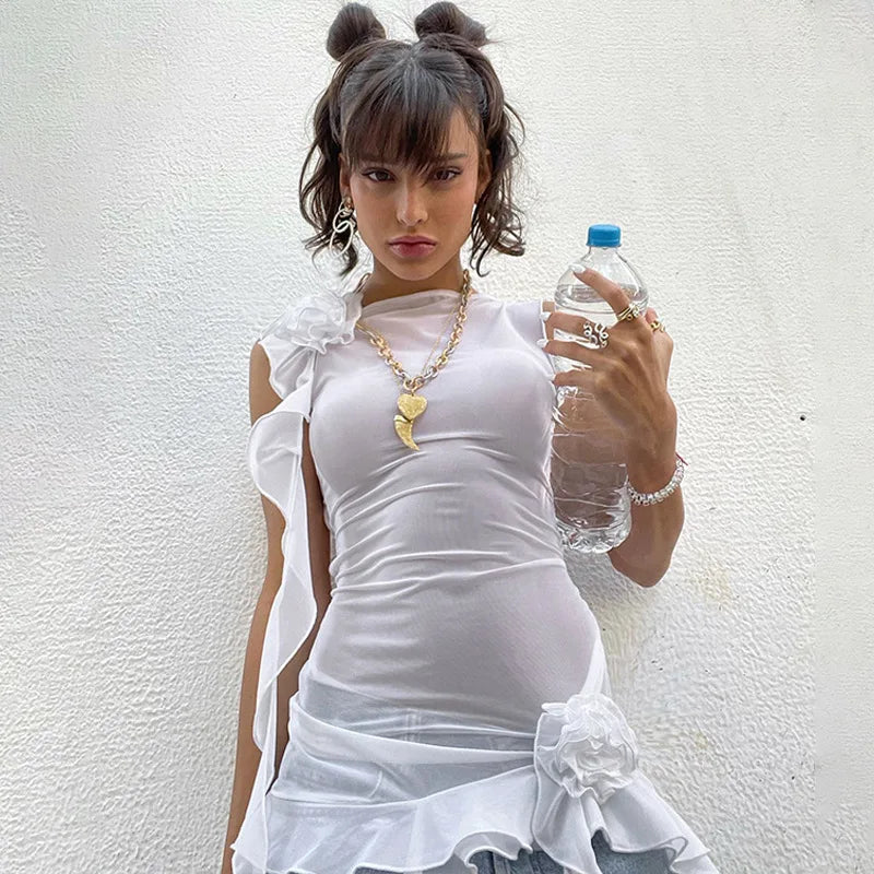Lunivop Mesh See Through Backless Sleeveless Floral Pattern Long Tassel Women'S Top T Shirt Summer Casual Y2K Streetwear Clothes Houndstooth Herringbone Solid