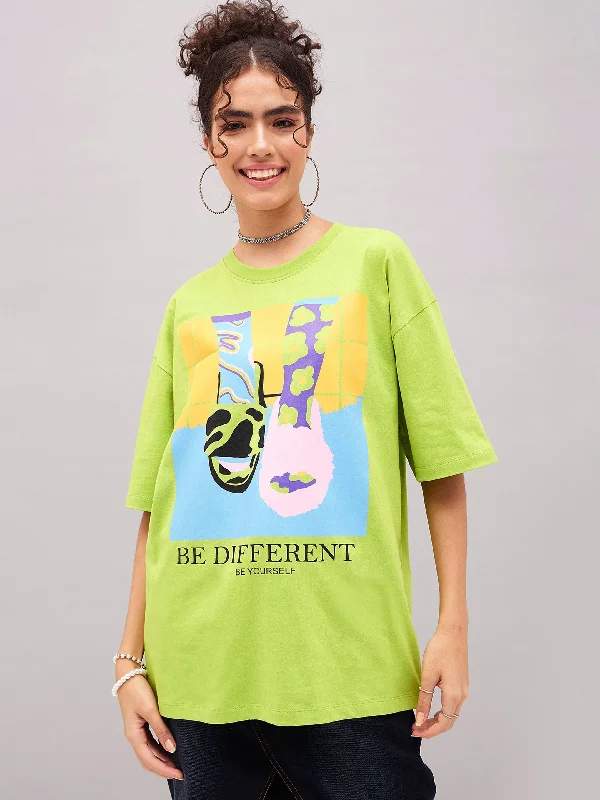 Lyush Women Green Be Different Oversized T-shirt V-Neck T-Shirt Long Sleeve Cotton