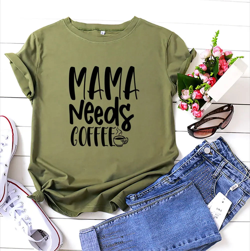 Mama Needs Coffee Print Women’s T-Shirt O-Neck Loose Sequined Glittery Shiny
