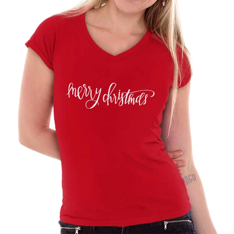 Merry Christmas Junior Fit V-Neck T-Shirt Fashionable Trendy Casual