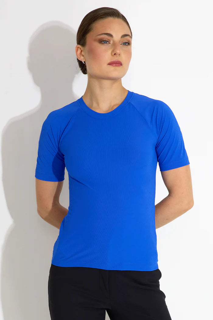 Work Rib Tee Blue Notch Collar Peter Pan Collar Cowl Neck