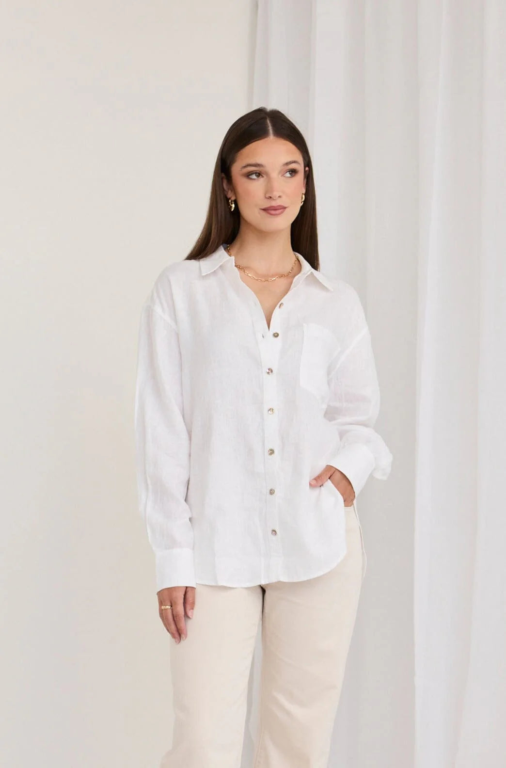 Optimum Linen Oversized Shirt White Hooded Caped Shawl Collar