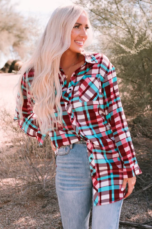 Plaid Button-Up Longline Shirt Fleece Fabric Down Fabric Feather Fabric