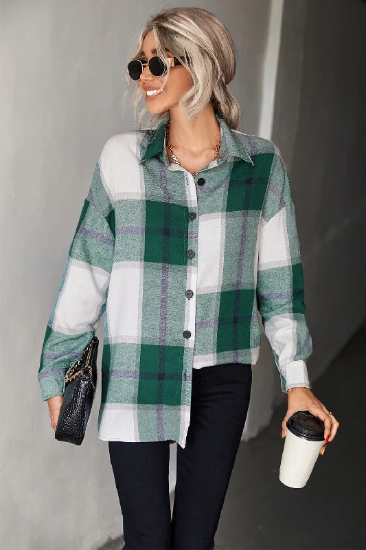 Plaid Collared Neck Longline Shirt Chenille Blend Fleece Blend Nylon Blend
