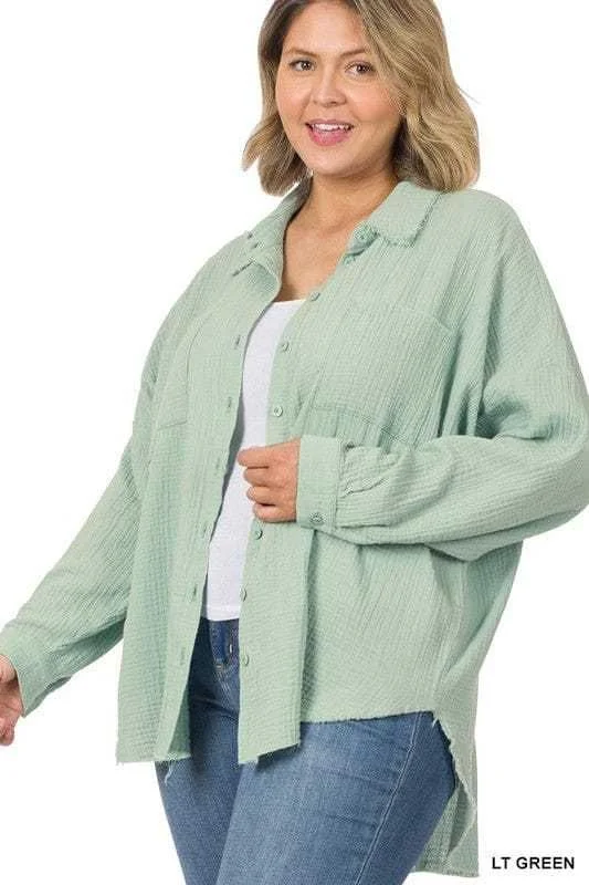 ZENANA | Plus Oversized Raw Edge Shirt Welt Pockets Slit Pockets Flap Pockets