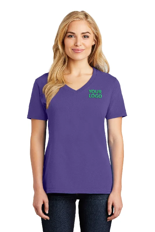 Port & Company Ladies Core Cotton Customized V-Neck Tee's, Purple Welt Pockets Slit Pockets
