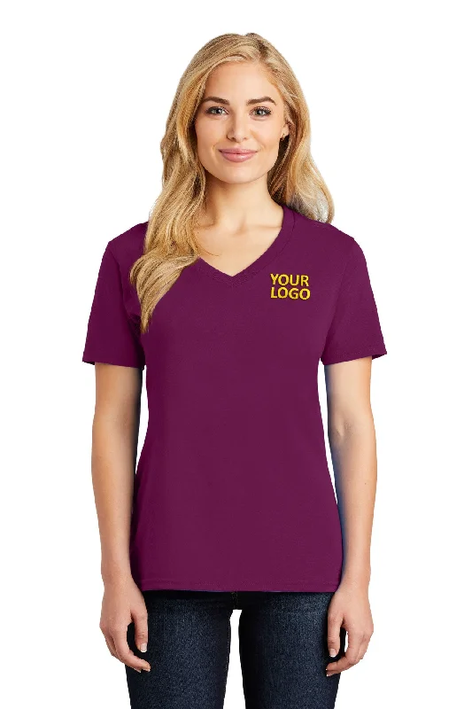 Port & Company Ladies Core Cotton Customized V-Neck Tee's, Raspberry Solid Color Striped Floral