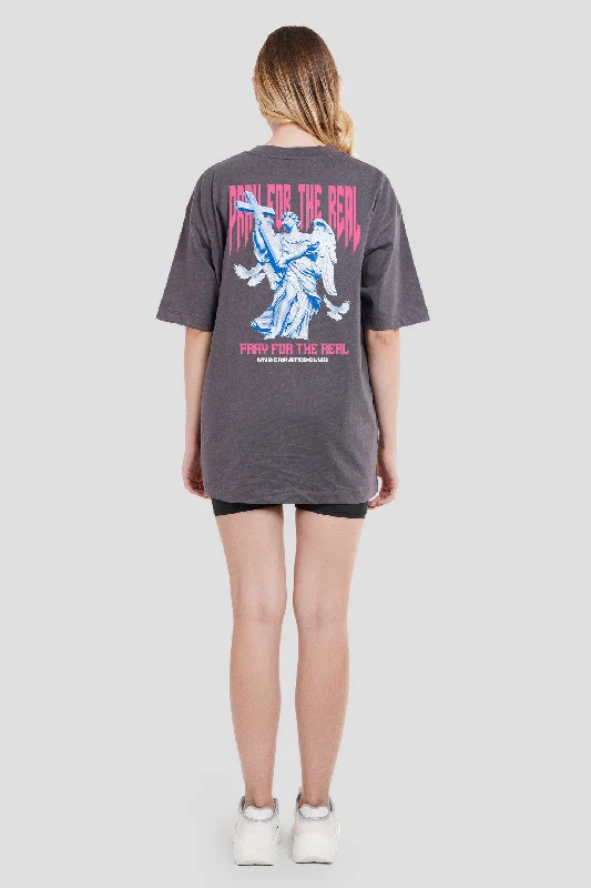 Pray For The Real Dark Grey Printed T-Shirt Solid Print Embellished